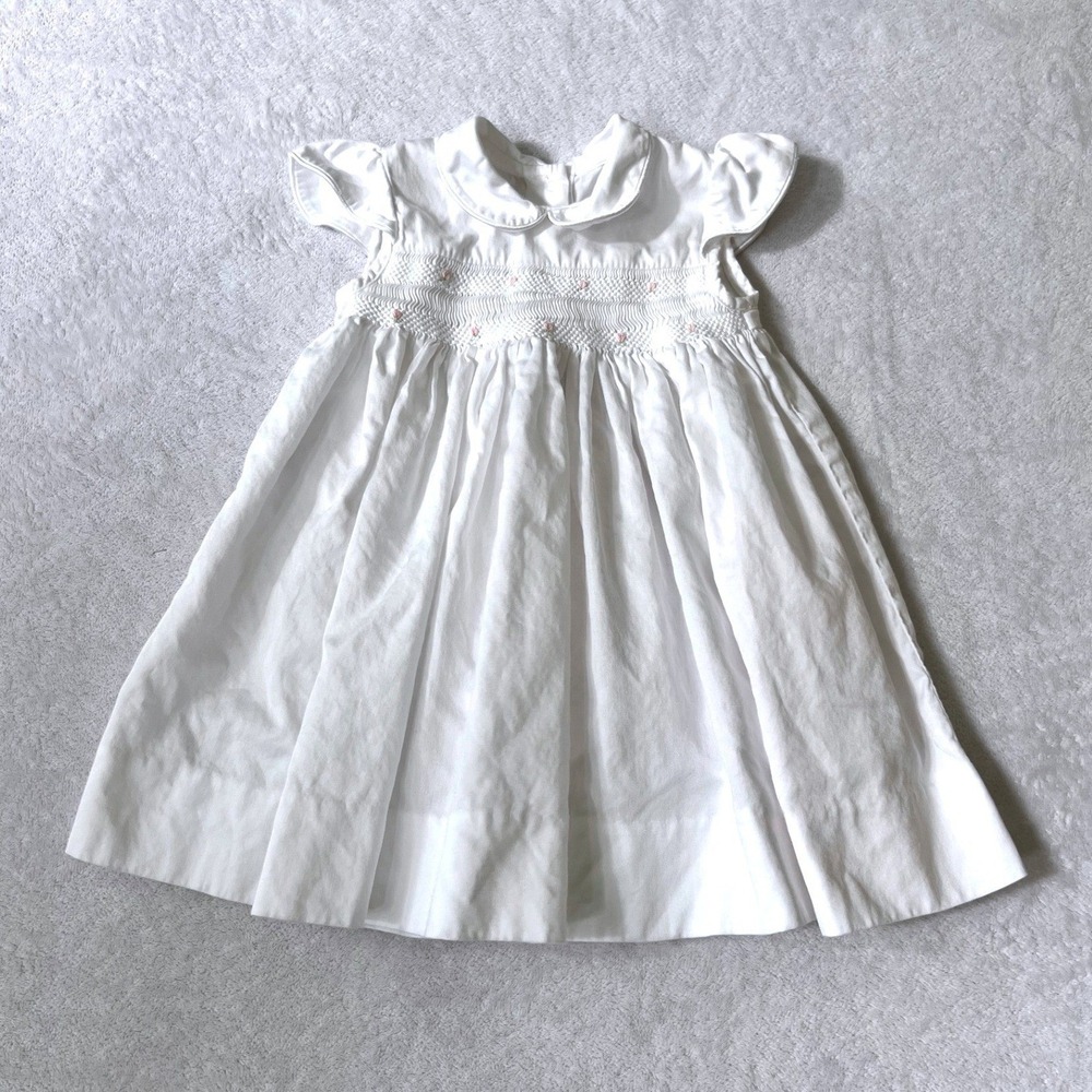 Kissy Kissy Besos Smocked Dress White Pink Rosebud Pima Cotton 12M
